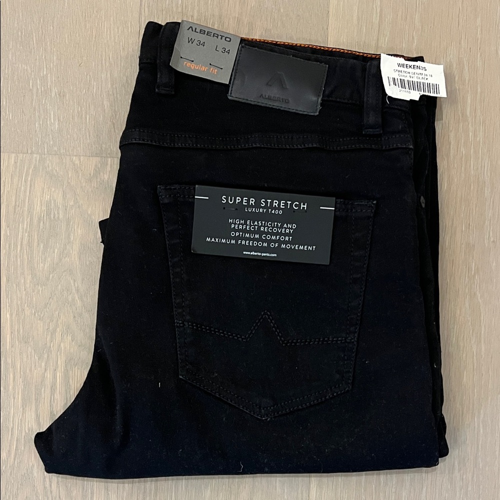 NWT Alberto Pipe Super Stretch Dual FX Colored Black Denim Size 34